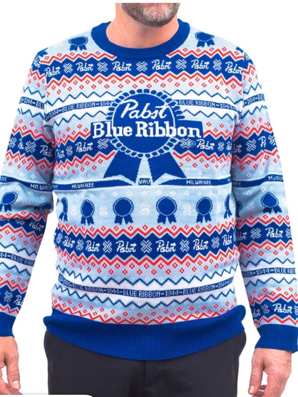 Pabst Blue Ribbon Men's Ugly Christmas Sweater Blue Medium